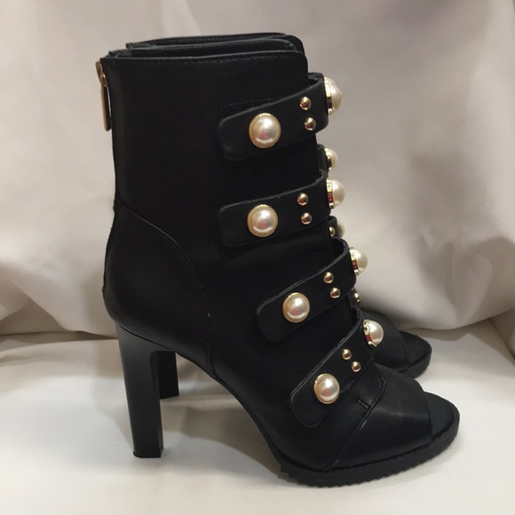 Karl Lagerfeld Brittie Embellished Pearls Women's 8M Peep Toe Black Booties - Picture 7 of 16